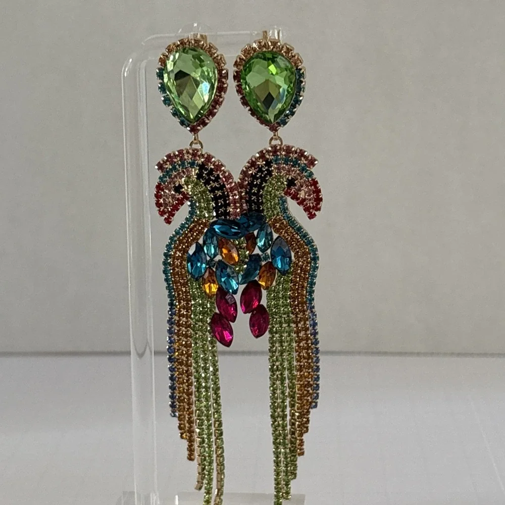 Elegant Multicolor Rhinestone Bird Parrot Dangle Earrings 5 inch Long